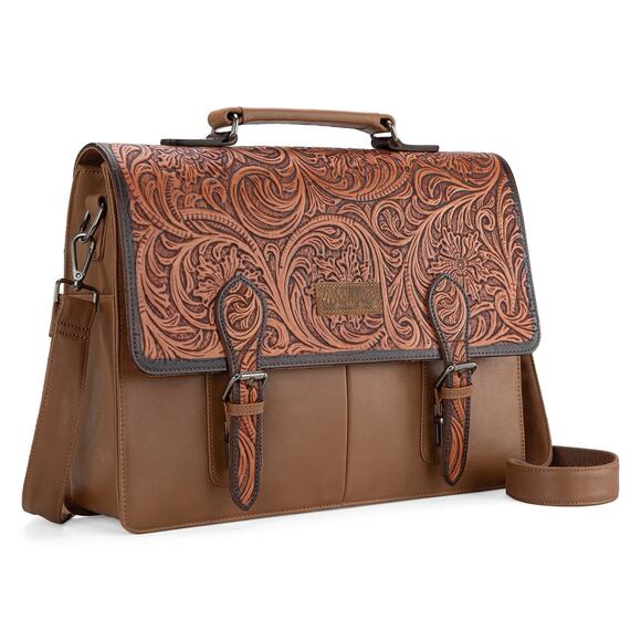 Wrangler Brown Genuine Leather Tooled Travel/Laptop/Messenger Bag *NEW Package* - Picture 3 of 7